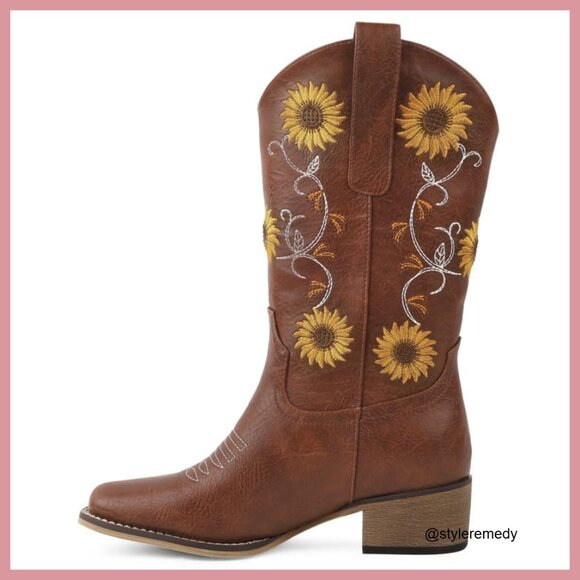 Faux Leather Mid Calf Cowboy Boots with Sunflower Embroidery, Square Toe - Picture 4 of 7